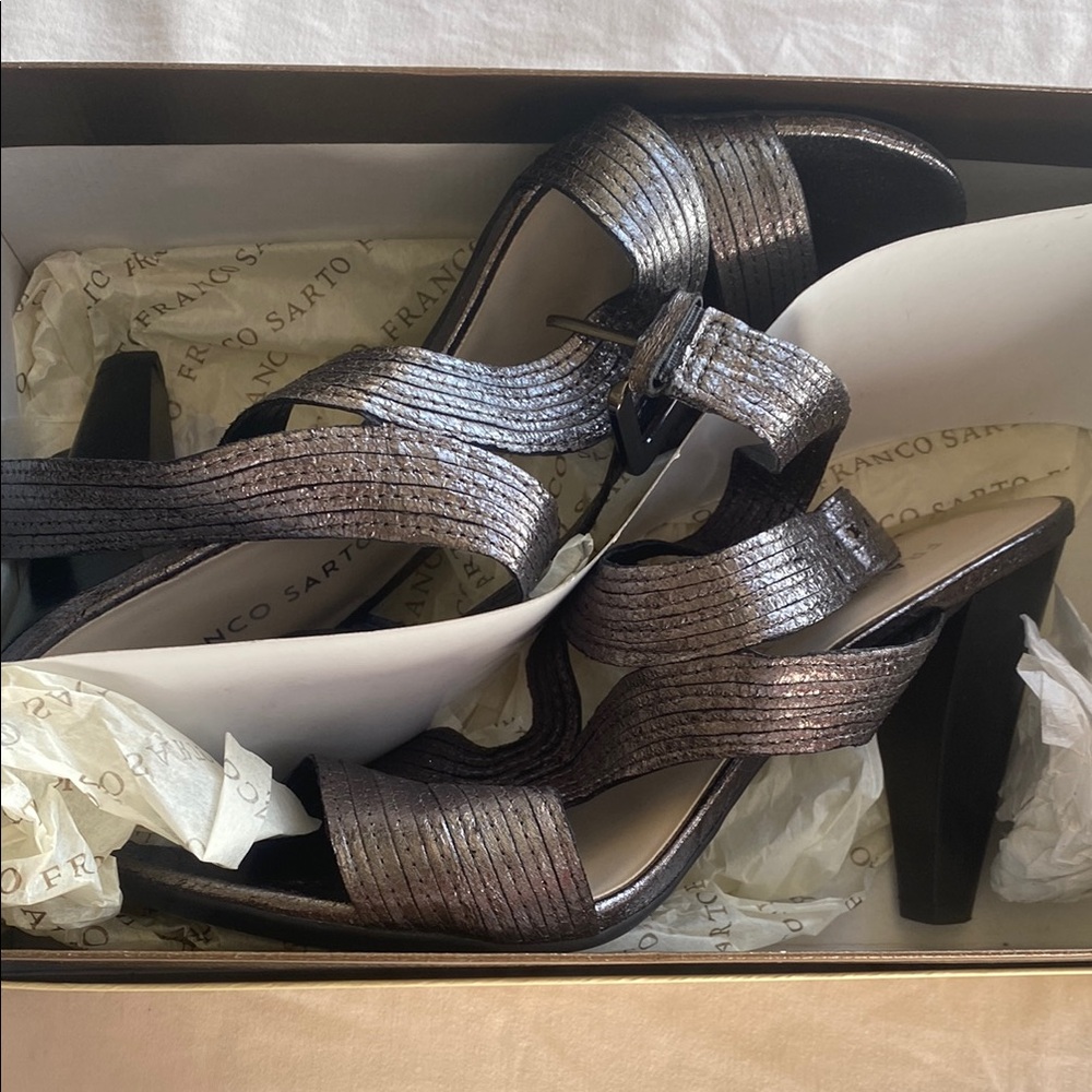 Franco Sarto Gray Heeled Sandals with Metallic Finish